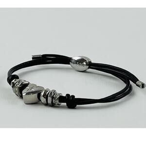 Fossil Boho Heart Silver Beads Brown Pull Cord Bracelet Adjustable Rhinestones